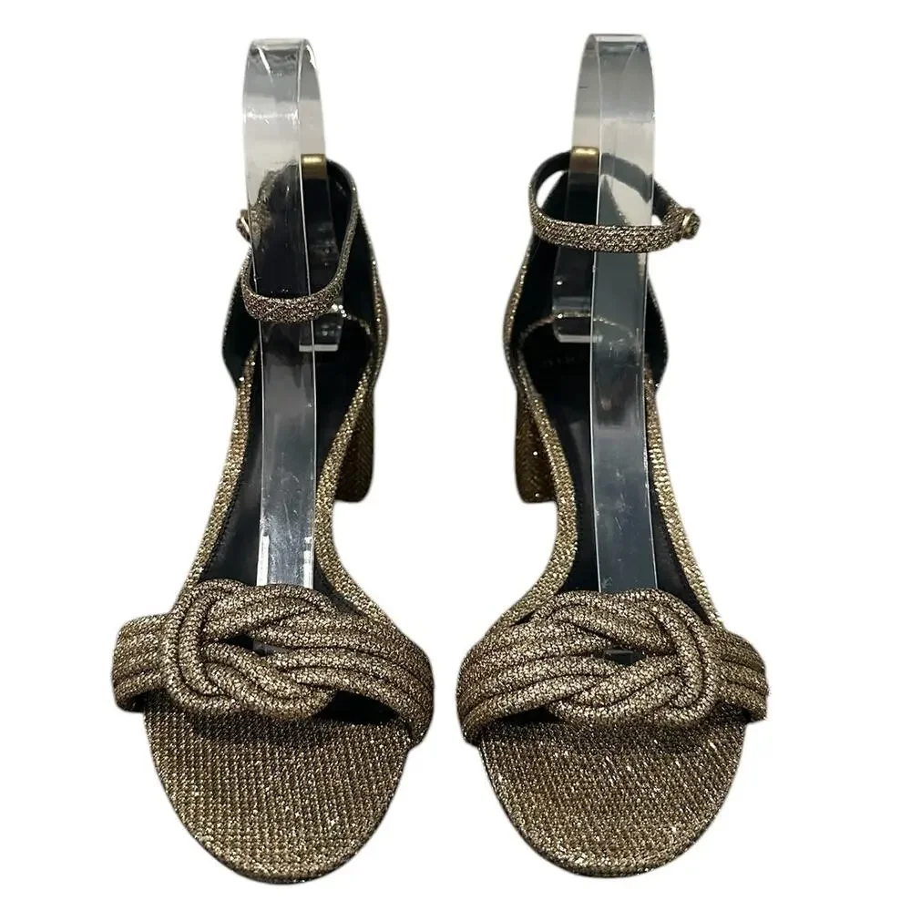 Alexandre Birman Vicky 60 Metallic Gold Bronze Knot Open Toe Block Heel EU 38